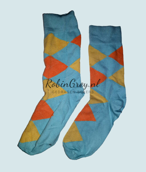 Gedragen sokken turquoise met ruiten